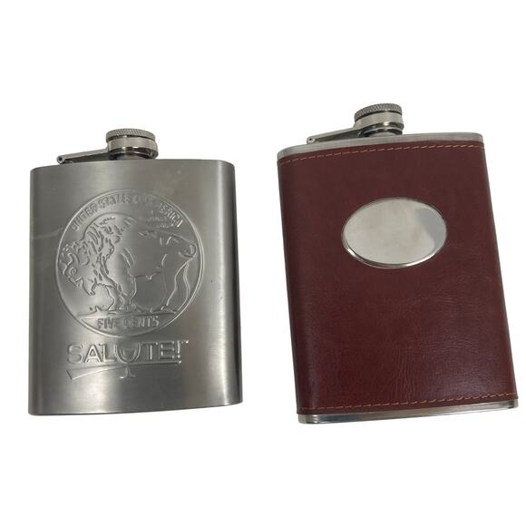Salute! Buffalo 7oz Stainless Steel Flask ScrewTop Leather Style Wrap 8oz Bundle - Picture 1 of 8